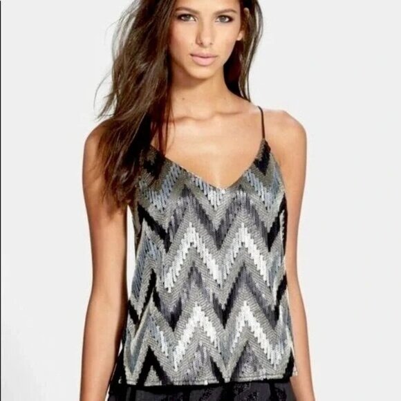 ASTR Sequin Top Medium Camisole Gold Black Silver Sleeveless Cami Zigzag Tank - Picture 2 of 10